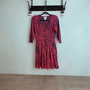 Vintage 80s Wild‎ Dress Red Animal Print Fit and Flare 3/4 Sleeve Dress